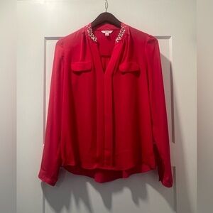 Candie's Red Embellished Long Sleeve Blouse with Mandarin Collar